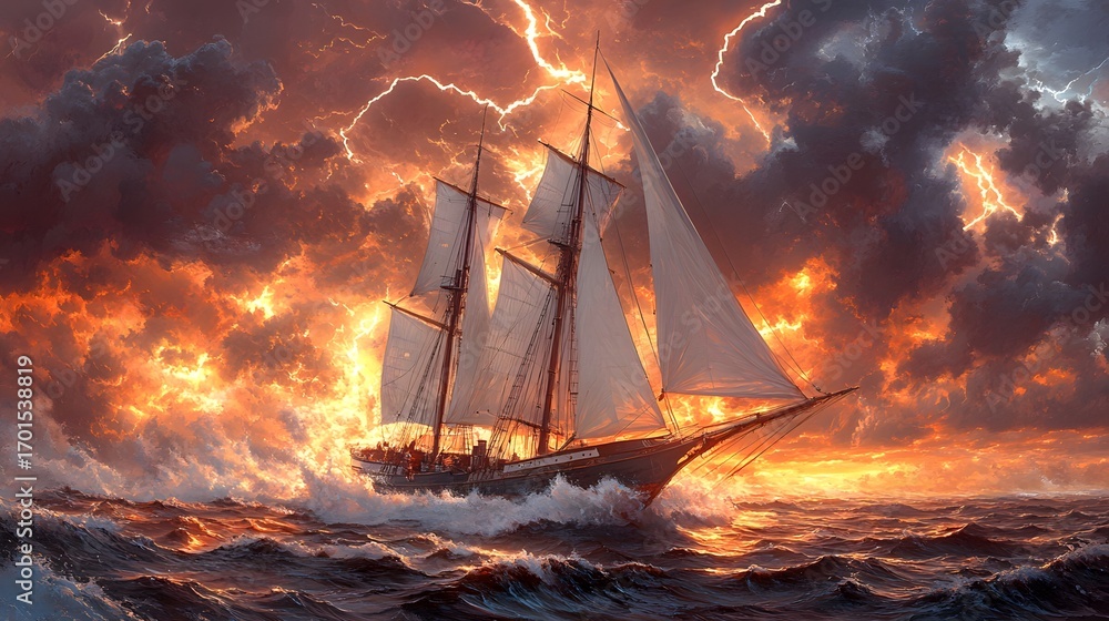 Obraz premium Ship Sailing During a Storm with Lightning