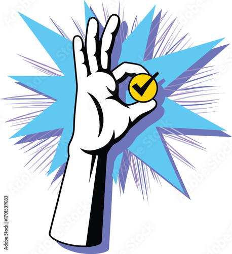 Illustration of hand showing okay gesture with check mark, success approval concept, positive symbol, agreement sign, cartoon style artwork.