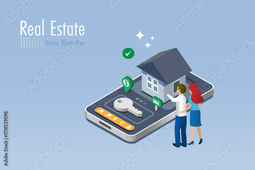 Family couple find home for sale on smartphone app. Using smart technology to locate and buy new home. Mortgage loan, property investment for family. Isometric Vector.