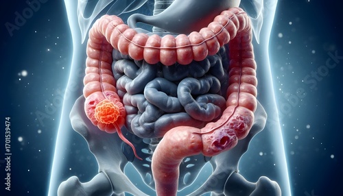 Colorectal cancer concept as a colon disease medical illustration of a large intestine with a malignant tumor growth disease of the digestive system.