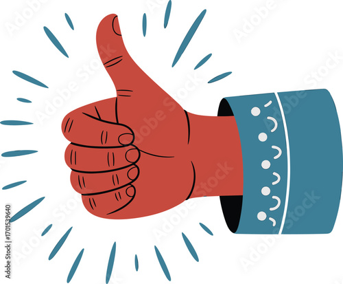 Thumbs up hand gesture illustration, positive approval symbol, success concept art, encouraging sign, agreement design, motivation element, support icon, appreciation.