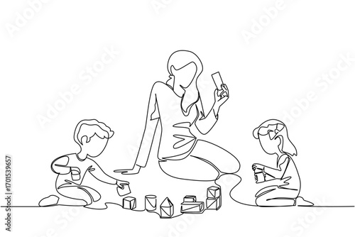 Continuous one line drawing a woman accompanies a girl and a boy sitting playing with building blocks on the floor. Play together. Child Care Provider Day. Single line draw design vector illustration