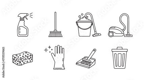 Collection of cleaning supplies and tools in a simple line art silhouette style