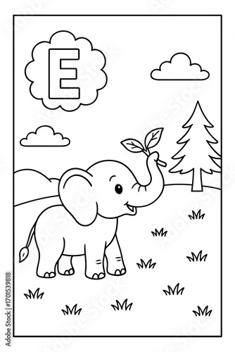 Alphabet coloring page with letter E and a cute elephant for kids learning.