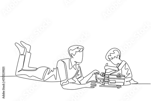 Single continuous line drawing a man lying on the floor accompanying a boy who is fixing a toy car. Training children to be independent. Child Care Provider Day. One line design vector illustration