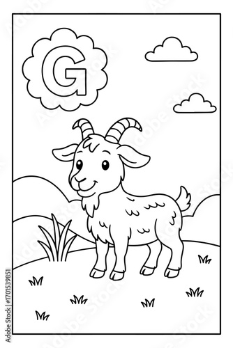 Alphabet coloring page with letter G and a cute goat for children learning activities.