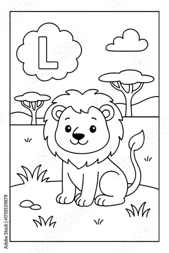 Alphabet coloring page with letter L and a cute lion sitting in the savanna, great for preschool kids learning and fun activities.