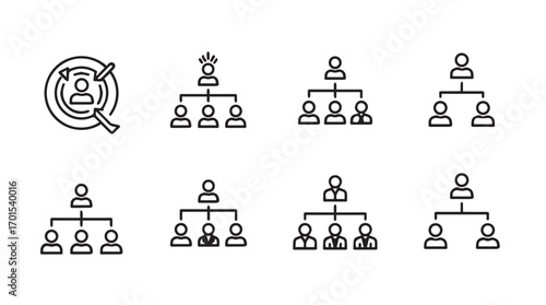 Collection of organizational chart icons and target icon in silhouette style