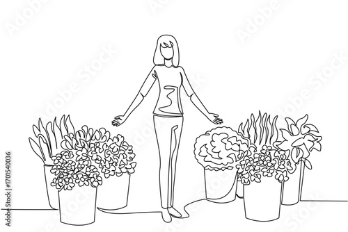 Single one line drawing a woman standing in the middle of pots containing various kinds of flowers. Offer to potential buyers. National Small Business Day. Continuous line design graphic illustration