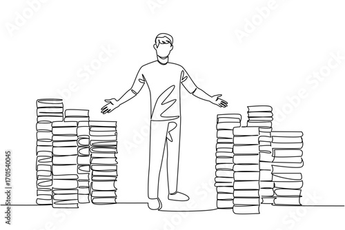 Continuous one line drawing a number of stacks of books and a man standing with a welcome gesture. Offering discounted books. National Small Business Day. Single line draw design vector illustration