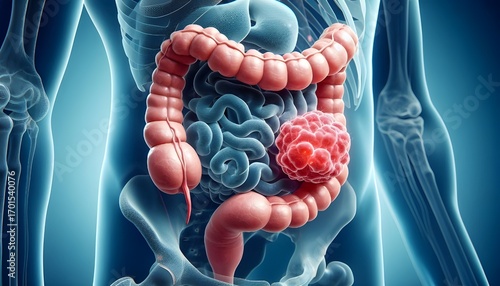 Colorectal cancer concept as a colon disease medical illustration of a large intestine with a malignant tumor growth disease of the digestive system.