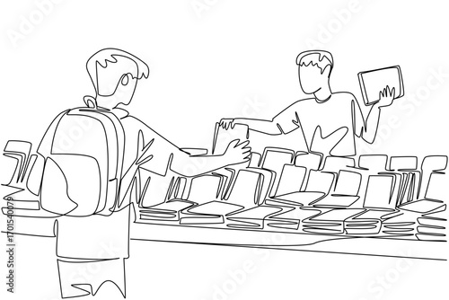 Continuous one line drawing a man buys a book at a book stall. The most complete place to find old books. Many collections. National Small Business Day. Single line draw design vector illustration