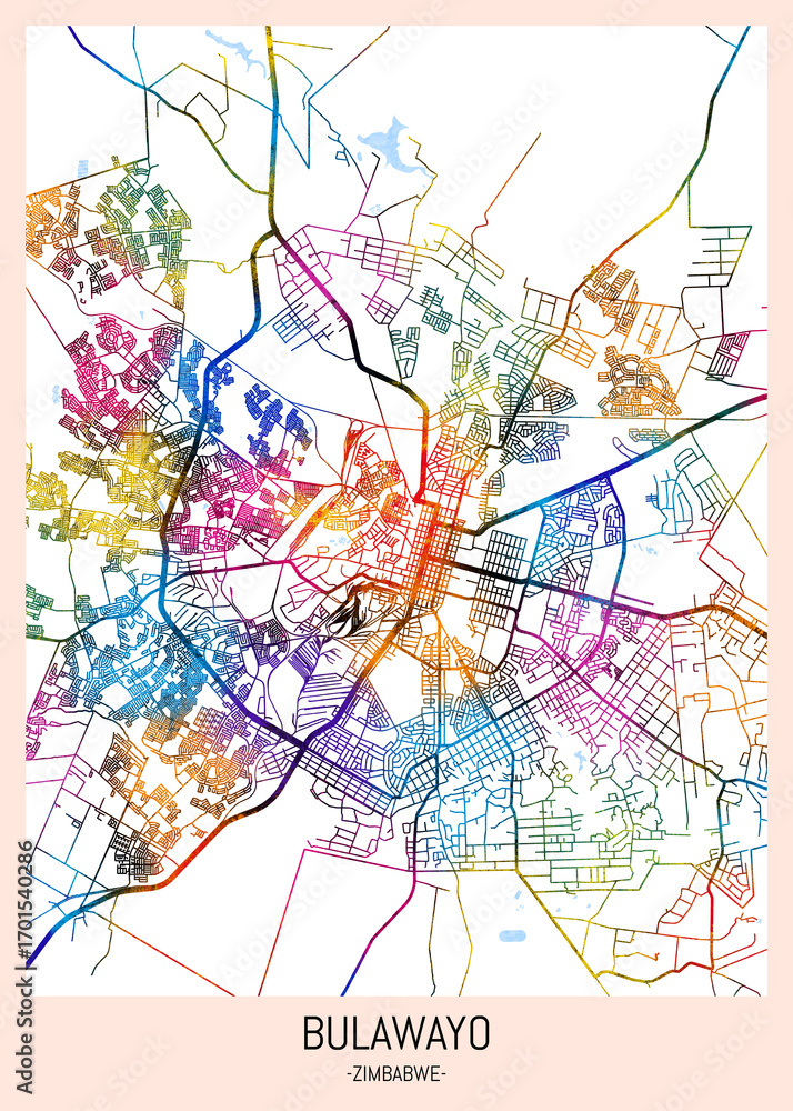 Obraz premium Bulawayo Zimbabwe City Map. downtown tourism, house art travel, scenic metropolis concept, travel art city, patriotic abstract banner