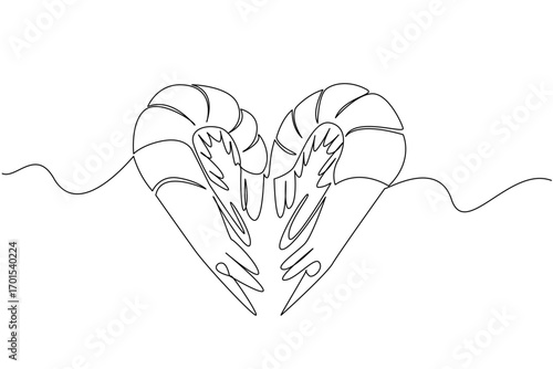 Single continuous line drawing 2 shrimps arranged in a heart shape. Serving for seafood lovers. Seafood restaurant logo. Prawn. Delicious. National Shrimp Day. One line design vector illustration