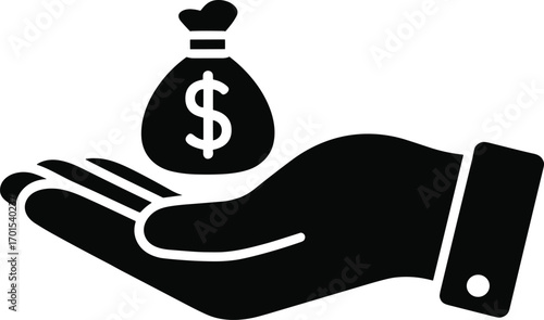 Hand holding money bag icon, finance vector design, investment symbol, savings illustration, business success concept, cash reward, economic growth graphic.