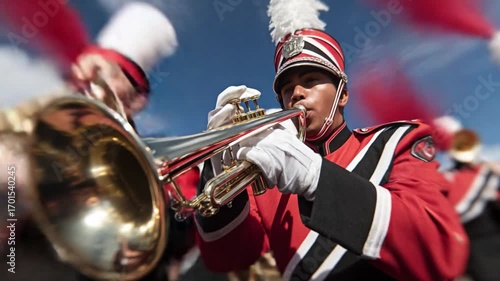 Young musician performing passionately with trumpet in marching band during vibrant outdoor event with crowd