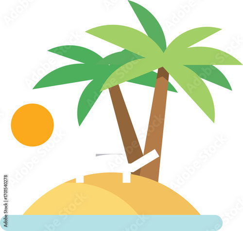 Art & Illustration Title: "Tropical Island with Palm Trees and Setting Sun Illustration"