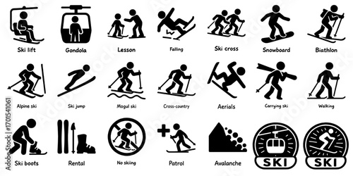 スキー場アクティビティのシルエット素材、Ski Resort Activity Silhouette Icons
