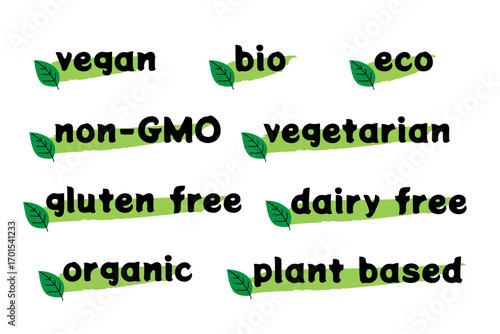 vegan, bio, eco, non-GMO, vegetarian, gluten free, organic, dairy free, plant based vector label icon Stickers