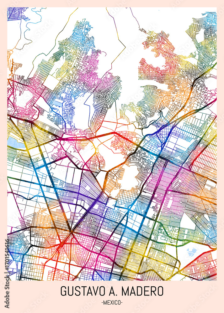 Obraz premium Gustavo A. Madero Mexico City Map. downtown tourism, house art travel, scenic metropolis concept, travel art city, patriotic abstract banner