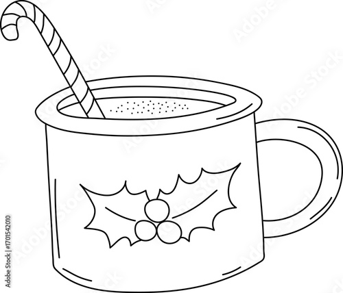 Doodle winter hot drink nwith candy cane. Hot cocoa mug. Cup of cocoa decorated with holly. Winter Christmas hot chocolate. Eggnog. Vector illustration.