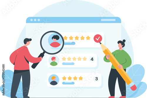 Human resource management concept, job recruitment illustration with rating stars, employee evaluation, candidate selection process, HR hiring system, teamwork, career growth.