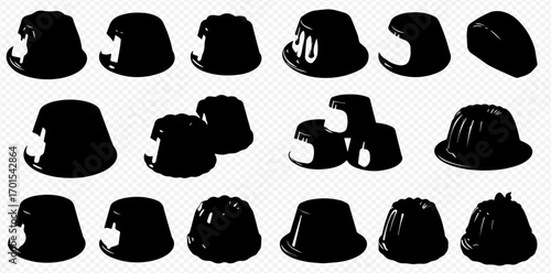 Collection of black gelatin desserts, some with bites taken, arranged on a white background.