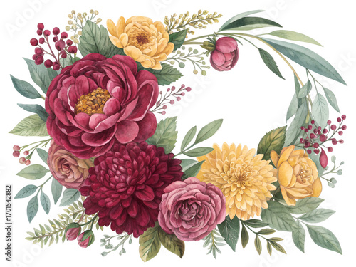 Watercolor floral wreath with deep red and yellow blooms isolated on a transparent background