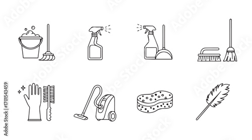 Collection of cleaning supplies and tools in a simple line drawing silhouette style