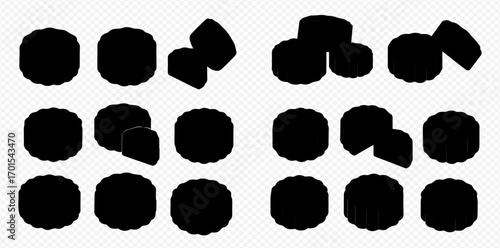 A collection of black cylindrical shapes arranged in two groups, some stacked or tilted, against a white background.