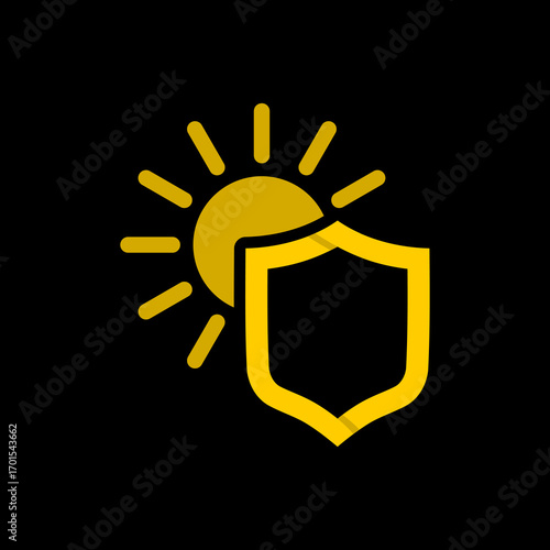 Sun protection shield icon isolated on black background
