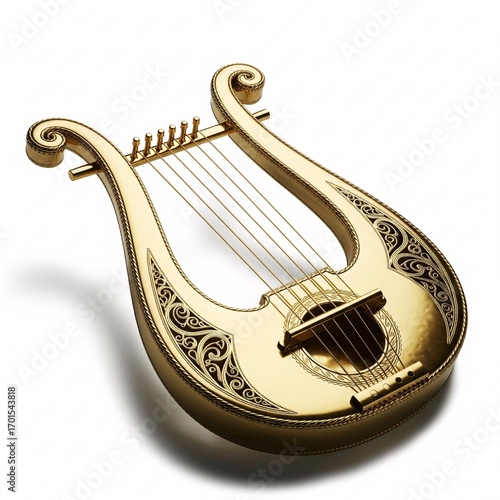 A golden lyre with an exquisite pattern and six strings,