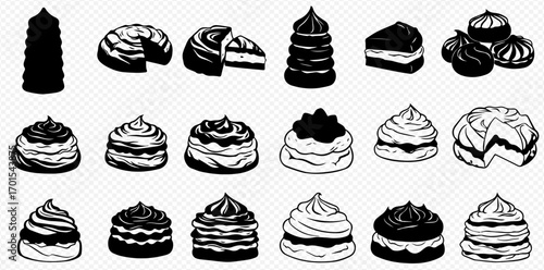 Collection of various monochrome cake and pastry illustrations, including slices and whole desserts.