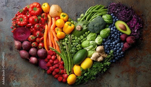 Fototapeta Naklejka Na Ścianę i Meble -  A vibrant array of colorful fruits and vegetables artfully arranged in a heart shape on a dark textured surface