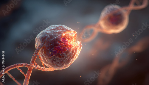 Cancer cell dividing and spreading along dna strand in a microscopic view representing disease progression and cellular biology, with a somber and scientific mood.