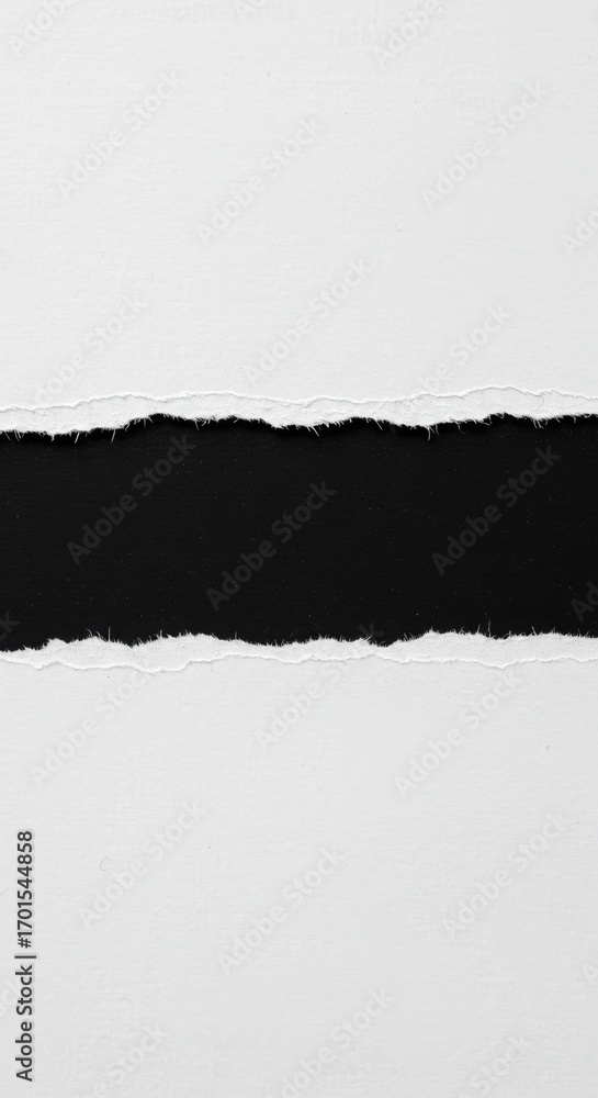 Naklejka premium A torn piece of white paper revealing a stark black background, symbolizing empty space or a reveal