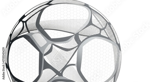 Illustration of a soccer ball with a complex geometric pattern, isolated on white background, creating a modern and artistic design