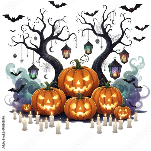 Happy Halloween Cute Ghost with Witch Hat and Pumpkin Illustration