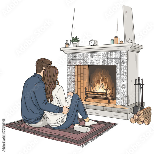 Romantic couple sitting by fireplace on rug in cozy living room