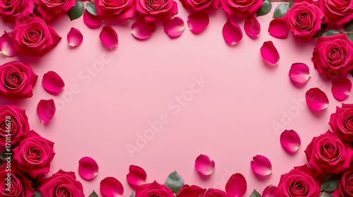 Romantic Rose Arrangement with Petals and Pink Background for Design
