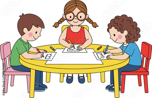 Happy children drawing together at school, kids art activity, creative classroom learning, friends making artwork, preschool drawing fun, teamwork education.