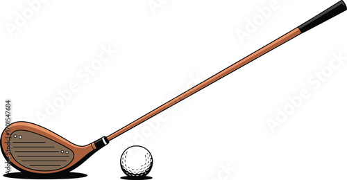 Golf club and ball illustration, sports equipment, wooden driver, outdoor recreation, championship training, golfing lifestyle, professional game, tournament preparation, leisure.