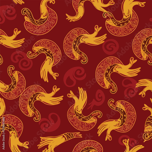 Seamless pattern featuring ornate hands and decorative flourishes in warm colors, seamless pattern, royalty free stock.