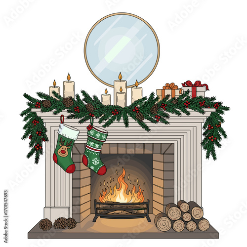 Christmas fireplace with stockings, candles, garland, and gifts