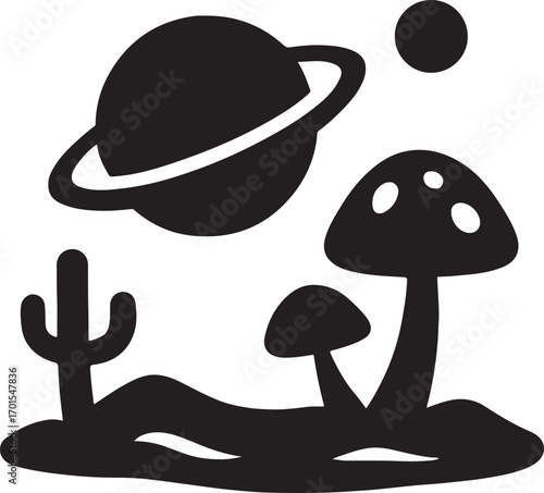 Silhouette of an alien planet with mysterious terrain, ideal for sci-fi and space designs.