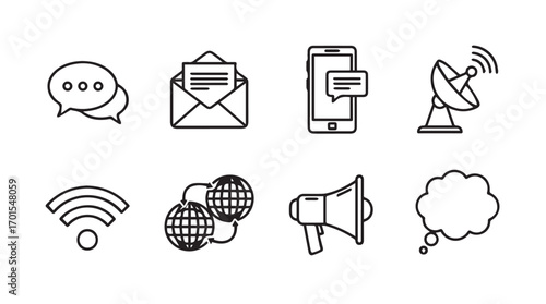 Collection of communication and technology icons in a simple hand drawn silhouette style