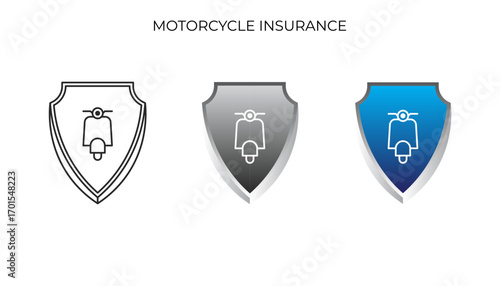 An icon showing a scooter or motorcycle inside a shield, representing motorcycle insurance or protection. It is presented in three styles: outline, gray, and blue.