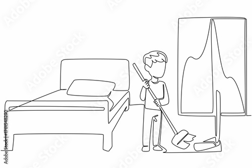 Single one line drawing a boy sweeps the floor using a broom and dustpan. Train sensitivity. The room must always be clean. National Clean Your Room Day. Continuous line design graphic illustration