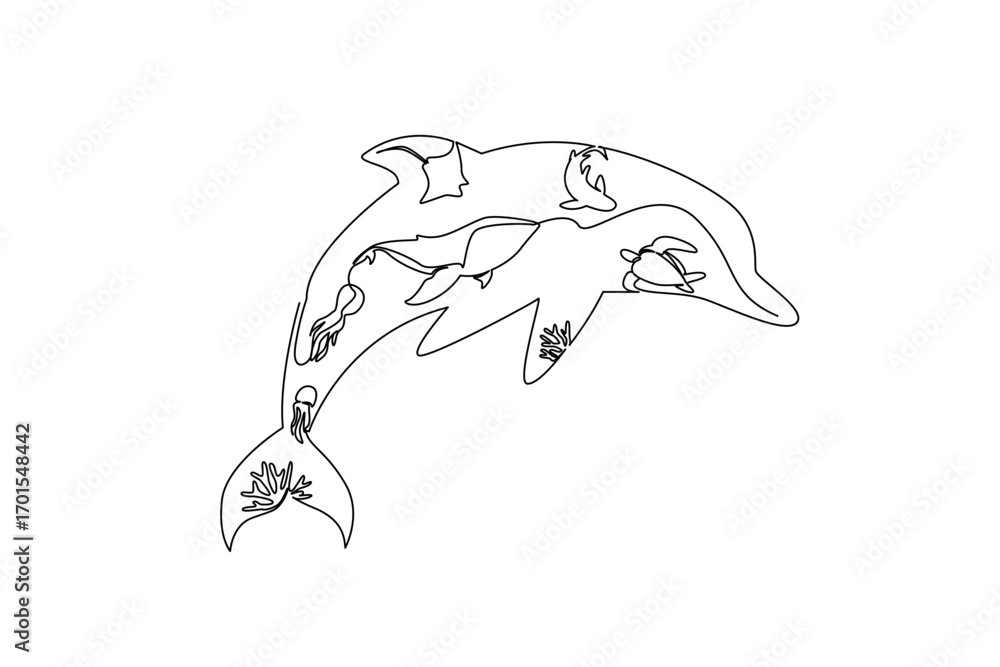 Fototapeta premium Single one line drawing several silhouettes of types of fish within the silhouette of a dolphin. Maintaining ecosystem balance. Undersea. Mother Ocean Day. Continuous line design graphic illustration