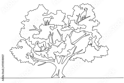 Continuous one line drawing an argania tree with several goats climbing on it. Favorite season for climbing argan trees. International Day of Argania. Single line draw design vector illustration